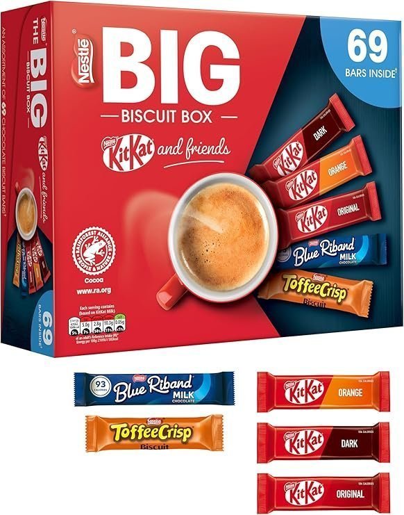 【New User Only】Nestlé Kitkat and Friends Big Biscuit Box  69 x Chocolate Biscuit Bars – KitKat, Blue Riband, Toffee Crisp  Bulk Chocolate Box 1.357kg X2 boxes